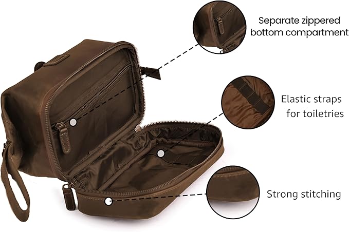 LEATHER VILLAGE Genuine Leather Dopp Kit – Large Travel Toiletry Bag with Waterproof Lining, Dual-Zip Design for Men & Women, Organizer for Shaving, Makeup & Essentials - Brown