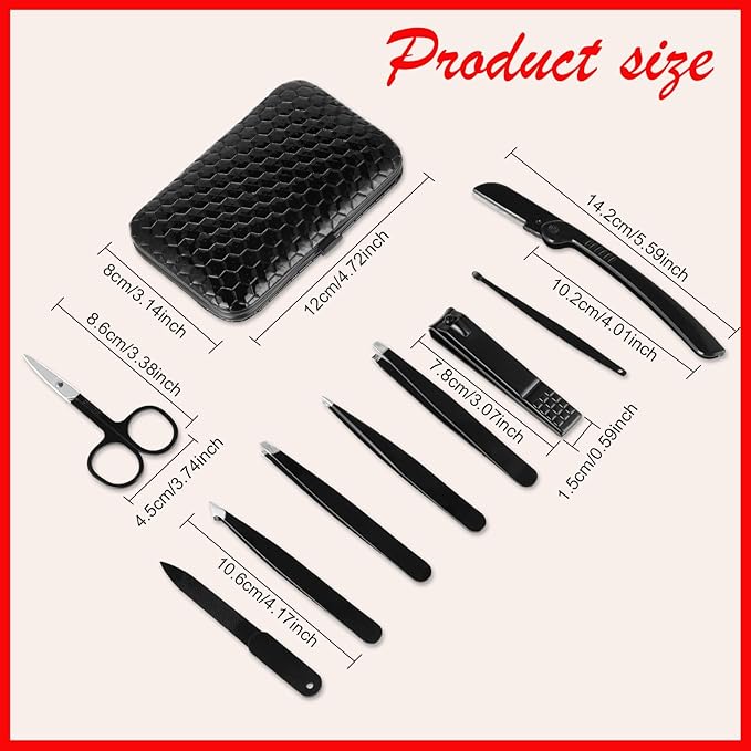 Yougai Tweezers and Nail Clippers Set,9 Pcs Professional Stainless Steel Tweezers Kit-Great Precision Tweezers with Curved Scissors and Eyebrow Razor for Daily Beauty Tools with Leather Travel Case