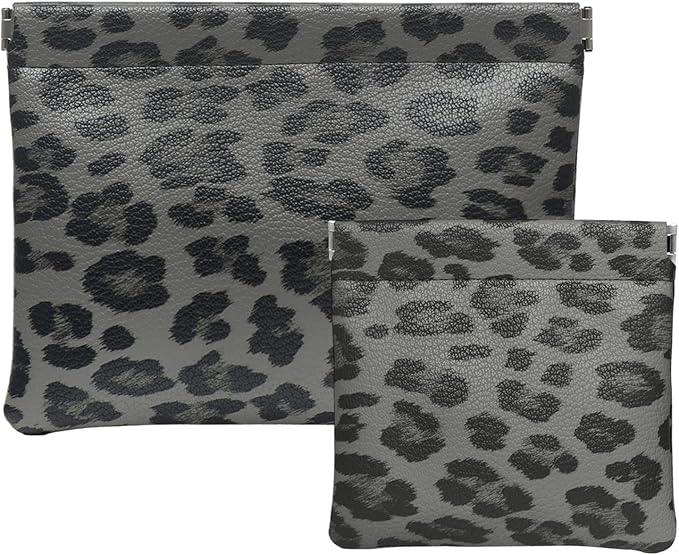2 Leopard Leather Small Makeup Pouches Set for Women,Cosmetic Accessories,Waterproof and Portable Cosmetic Bags,Self-closing,No Zipper, Aesthetic Storage Pouch,Lipstick for Purse, Black
