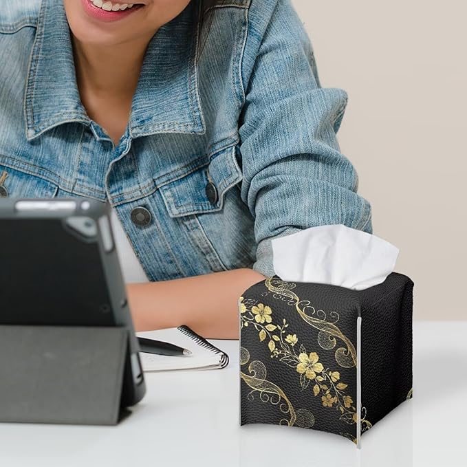 Black Marble Flower Tissue Box Holder Stylish Leather Square Tissue Box Cover with Top Handle Waterproof Napkin Case Holder Home Office Bathroom Decor