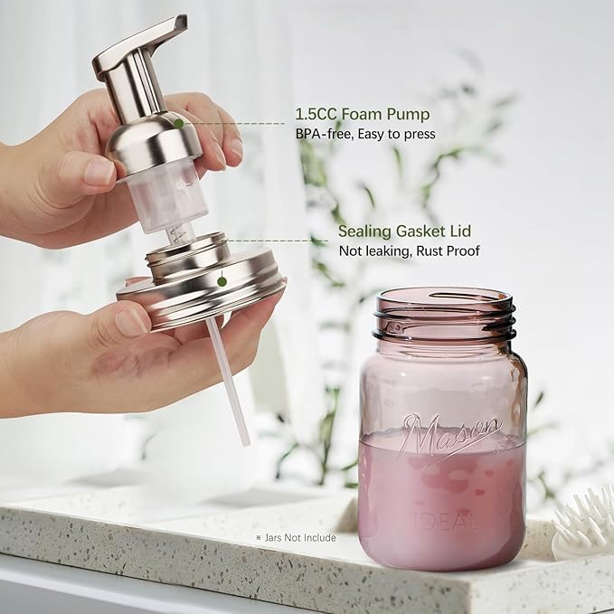 Amolliar Mason Jar Foaming Soap Dispenser Lids, Plastic Foam Pump Lids for Regular Mouth, Foaming Replacement Pump Set, Farmhouse Kitchen BathroomShower, Includes Waterproof Stickers - 4 Pack, Silver