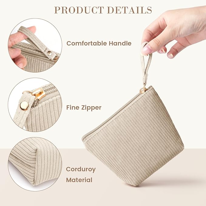 MAGEFY Mini Makeup Bag, Cute Small Makeup Bag for Purse Corduroy Cosmetic Bag for Women with Slip-in Pockets Travel Purse Essentials Lipstick Bag (Beige,Mini)