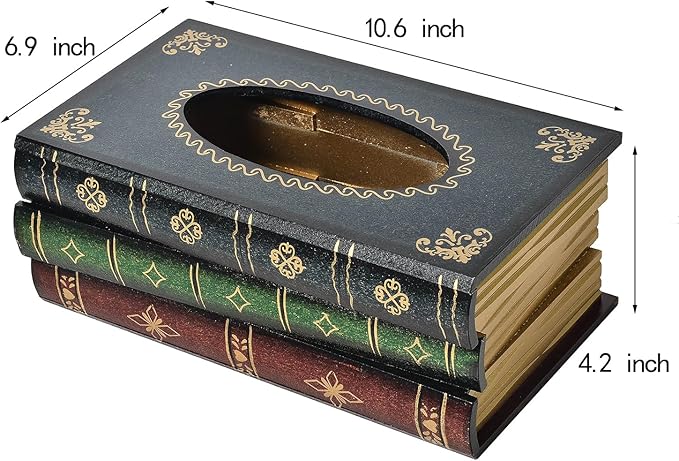 Crafted Classical Retro Wooden Antique Book Tissue Box Cover Rectangular Tissue Holder Dispenser Paper Cover Case Napkin Holder Home Decor for Bathroom Living Room Office car Kitchen (Dark Green)