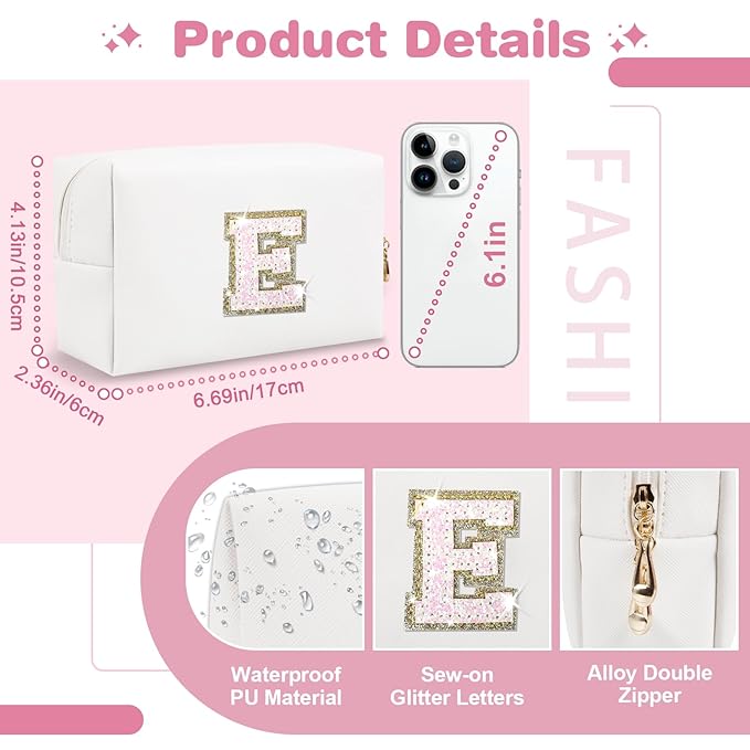 Small Initial Patch Makeup Bag Personalized Gifts Make Up Bag,White Cute PU Leather Glitter Letter Cosmetic Bag with Zipper,Trendy Portable Travel Toiletry Pouch,Preppy Stuff for Teen Girls Women E