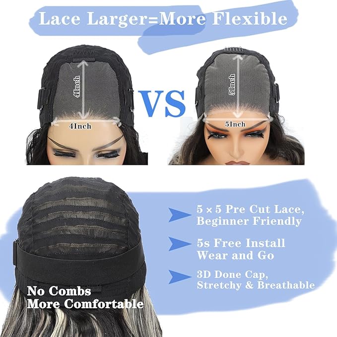 Highlight Wear and Go Glueless Wigs Human Hair Pre Cut Body Wave Ombre Lace Front Wig Human Hair Pre Plucked Black and Blond Wavy 5x5 Lace Closure Wigs Human Hair Balayage Wig 30 Inch