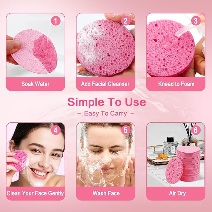 60-Count Compressed Facial Sponges Natural Cellulose - Reusable Professional Face Sponge for Cleansing, Exfoliating & Makeup Removal, Gentle Spa Skincare Tools for Travel Home Bath (pink)