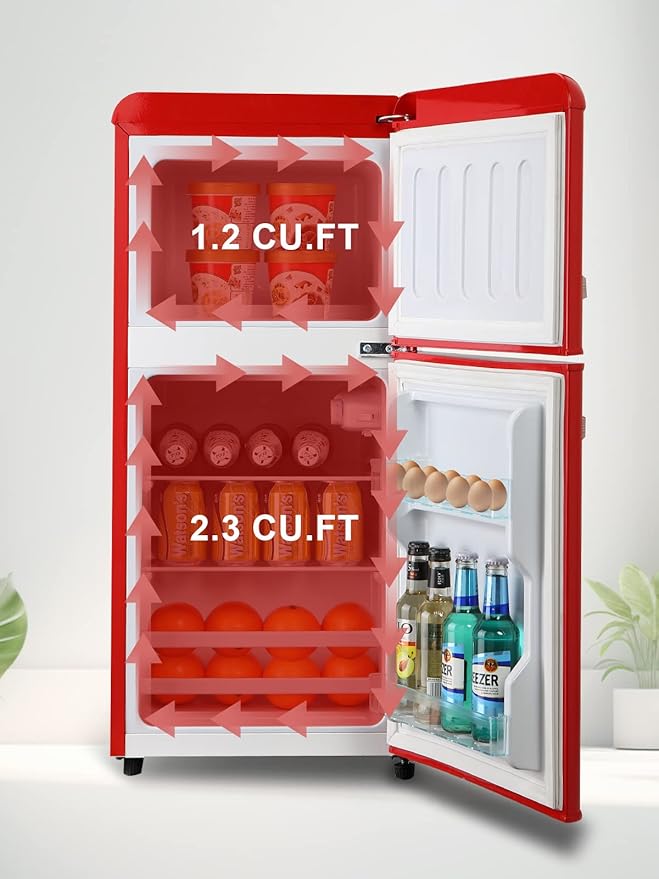 Mini Fridge With Freezer,Refrigerator With 2 Doors,7- Level Adjustable Thermostat, Removable Glass Shelves For Bedroom, Office, Kitchen, Apartment, Dorm, 3.5 Cu. Ft Red