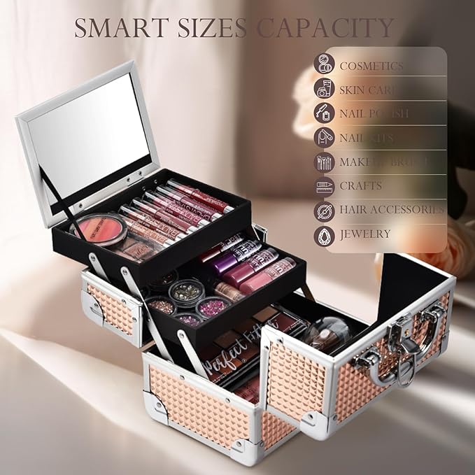 FRENESSA Makeup Case Train Case Portable Makeup Box with Mirror Lock Box Travel Cosmetic Train Cases Hard Makeup Organizer for Nail Craft Storage Vanity for Girl Rose Gold