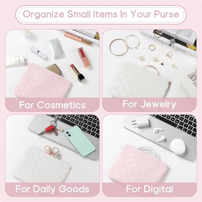 Sightor 2PCS Pocket Cosmetic Bag for Purse, Checkered Makeup Bag Portable Leather Cosmetic Bag for Women, Coin Purse Lipstick Cosmetic Accessories Organizer Travel Cosmetic Pouch (Pink, White, L)