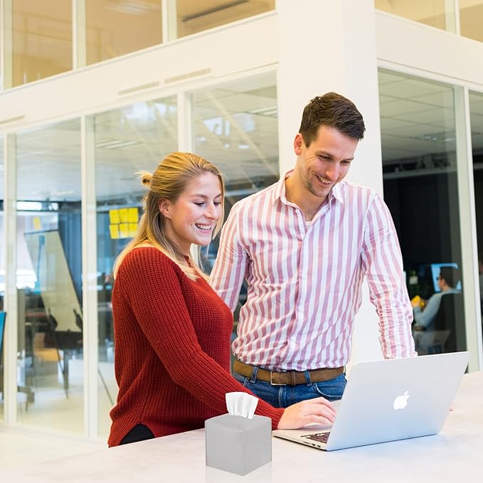 2 Pack, VIVIDLY Tissue Box Cover Holder, Square Modern PU Leather Tissue Box Holder, Can be Used for Bathroom Dressing Table, Bedside Table, Office Desk & Car 5"X5"X5"- (Grey, 2)