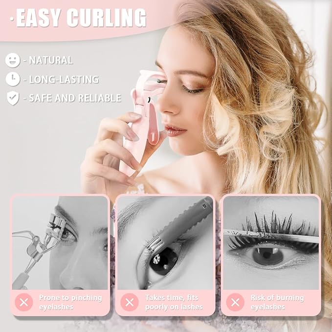 Pinkiou Heated Eyelash Curler for Women 10s Fast Heating Electric Lash Curler with 2 Temp Modes & Skin-Friendly Silicone Pad, USB-C Rechargeable Portable Eye Lash Curler for Long Lasting Natural Curls