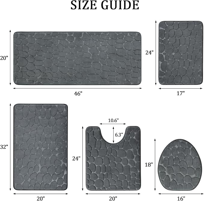 YIHOUSE Bathroom Rugs Mat Set 5 Piece Dark Grey, Memory Foam Bath Mats Sets, Non Slip Water Absorbent Washable Bath Rugs for Sink, Toilet and Floor