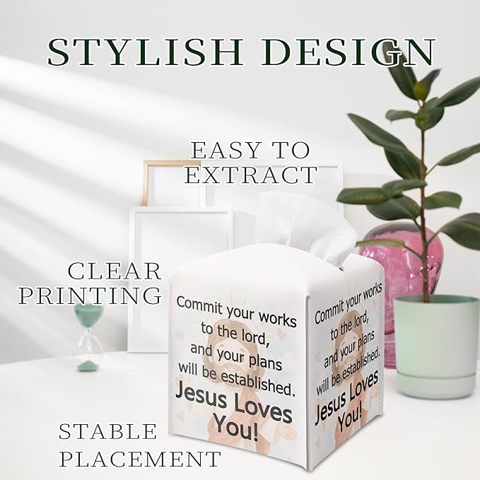 Christian Square Tissue Box Cover, PU Leather Drawstring Bottom - Commit Your Work to the Lord, Appreciation, Farewell, Retirement Gift for Christian Friends, Colleagues | Decorative Organizer