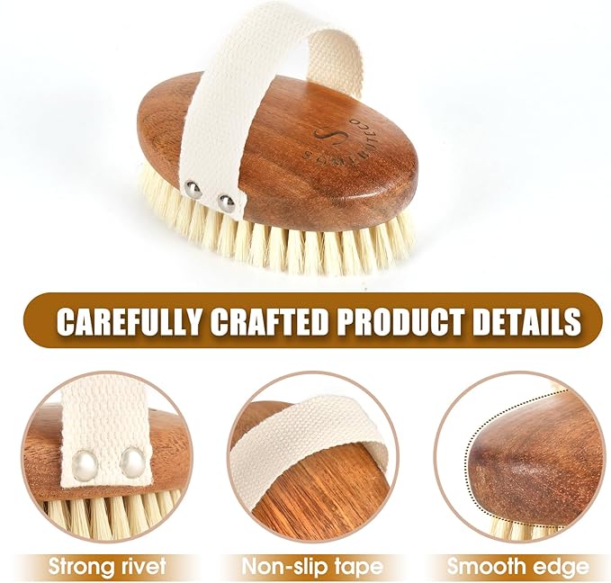 SAMEBUTECOBody Brush Solid Acacia Wood Boar Bristles Bath Brush for Skin Exfoliation,Lymphatic Drainage Improvement Oval Shape Dry Brush Comfort to Hold Works