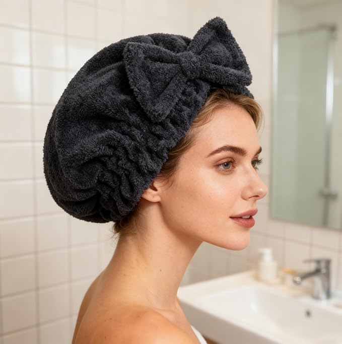 HOPESHINE Microfiber Hair Towel Cap for Women Wet Short or Long Curly Hair Super Absorbent Quick Dry Turbans Anti Frizz Great Gift for Women and Girls (Black+Grey, 2)