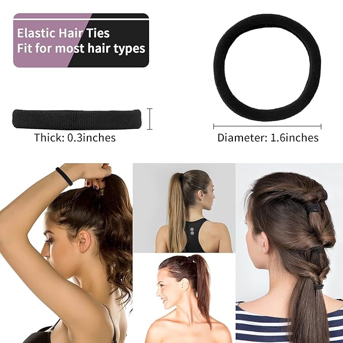 100PCS Black Hair Ties for Women, Seamless Cotton Hair Bands, No Crease No Damage Hair Tie for Thick Thin Hair, Soft Ponytail Holders, Hair Accessories for Girls