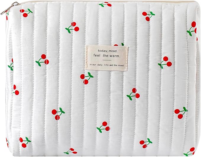 uekeboag Quilted Cotton Makeup Bag,Coquette Quilted Toiletry Bag for Women and Girls,Floral Coquette Pouch,Cute Kawaii Travel Cosmetic Bags(Striated Cherry)