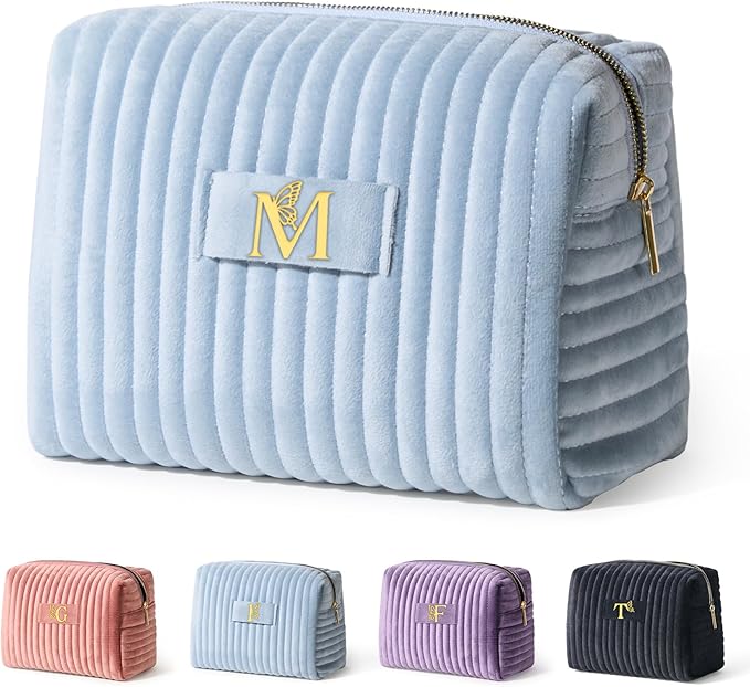 COSHAYSOO Customized Monogram Makeup Bag Travel for Women Personalized Easter Day Gifts for Her Best Friend Sister, Custom Customizable Blue Monogrammed Cosmetic Traveling Pouch Letter M