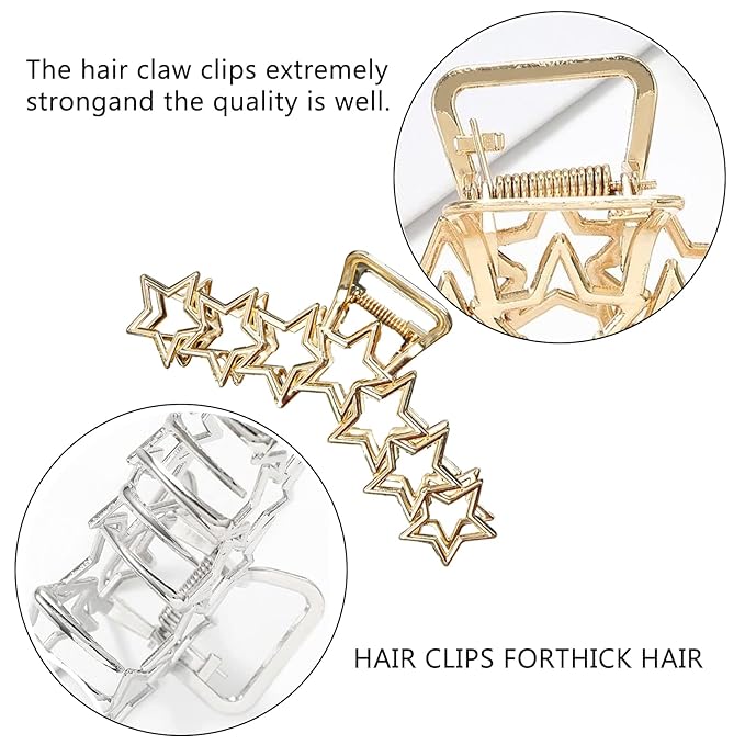 2PCS Y2k Metal Hair Claw Clips Star Hair Clips for Women Big Nonslip Design Claw Hair Clips for Thick and Thin Hair Stitching Silver Gold Large Hair Accessories for Women