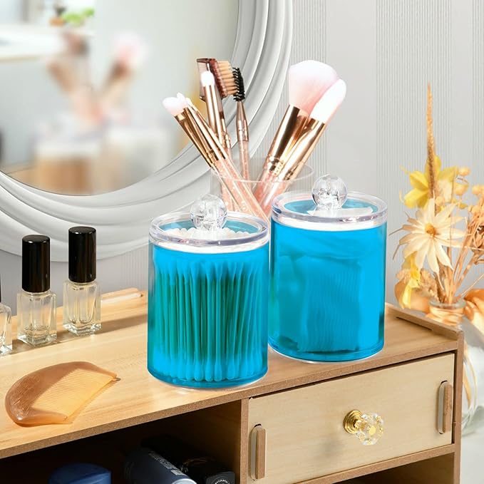 Sky Blue Qtip Holder Organizer Dispenser Cotton Swabs Cans Plastic Jars with Lid Set 2 Pack Bathroom Storage Canister for Cotton Ball Floss Cotton Pads