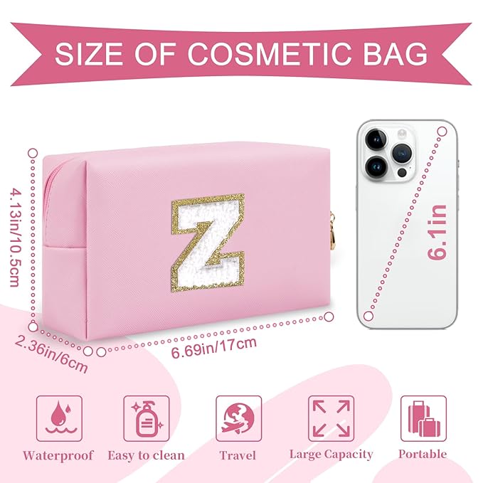 Personalized Initial A-Z Preppy Patch Makeup Bag,Small PU Chenille Letter Cosmetic Bag with Zipper for Teen Girls,Pink Cute Toiletry Organizer Bag,Monogram Makeup Case Gift for Women Girls,Letter Z