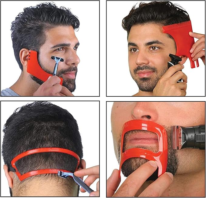 4 Pcs Red Beard Shaping Tool Kit, Plastic Beard Template Set Barber Supplies Set for Men Hairline Neckline & Beard Grooming Styling Beard Trimming Tools