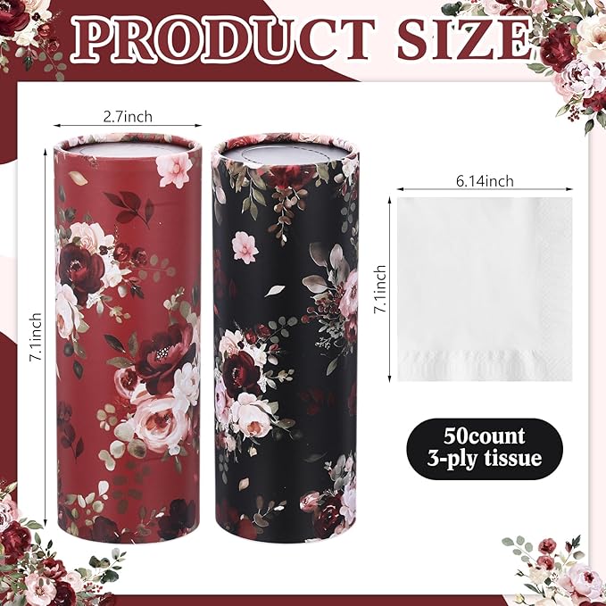 Ctosree 6pk 50 Sheets Car Tissues Holder with Facial Tissues 3-ply Travel Tissue Tubes Box Container Fit for Car Cup Holder Floral Cylinder, 7.1 Inch(Red,Black)