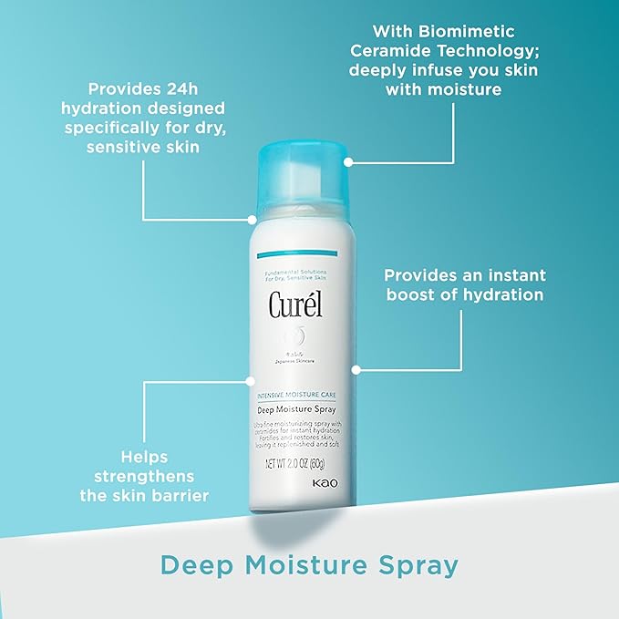 Curel Japanese Skin Care Deep Moisture Travel Size Spray, Moisturizer for Dry Skin, Face Hydrating Spray with Ceramides, 2 Oz