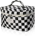 Large Makeup Bag, Cute Cosmetic Bag for Women Girls, Floral Coquette Aesthetic Toiletry Bag, Travel Make Up Organizer Bag (Black Checkered)