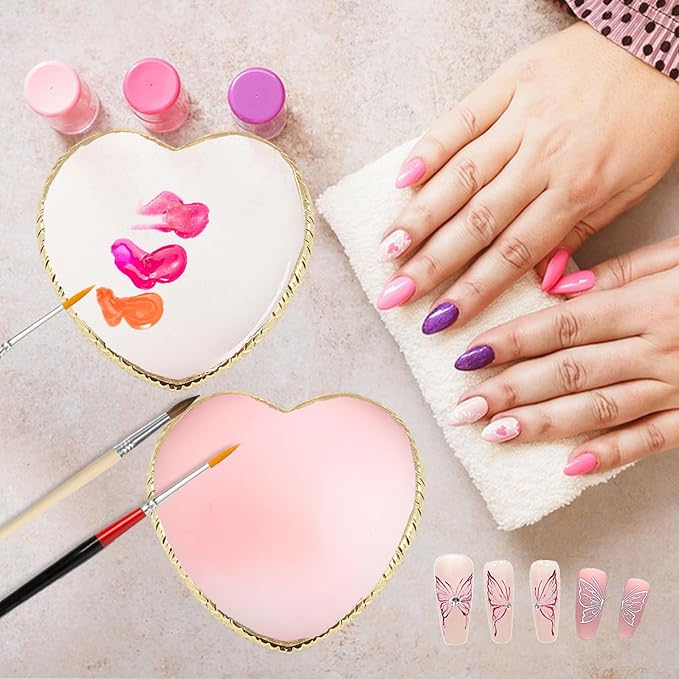 2Pcs Resin Nail Art Palette, Nail Polish Palette, Gold Edge Nails Holder Display Board, Cosmetic Mixing Tools for Nails Art(Heart Shaped White,Pink)