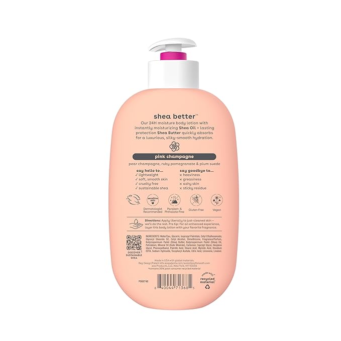 eos Shea Better Body Lotion Pink Champagne, 24-Hour Moisture Skin Care, Lightweight & Non-Greasy, Natural Shea, Vegan, 16 fl oz