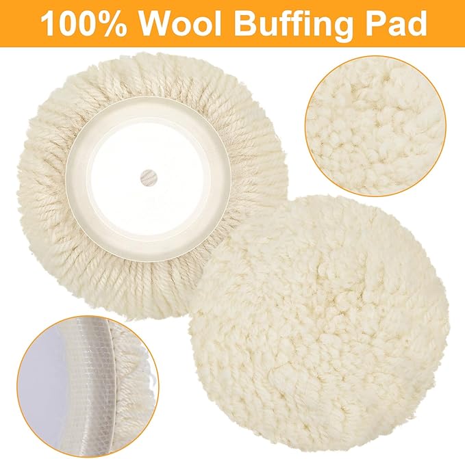 Tallew 6 Pcs 7 Inch Wool Polishing Pad Hook Loop Buffing Pad for Drill Curved Edge Compound Cutting Tool Drill Polisher Attachment Wheel Polish Kit Car Body Repair Buffing