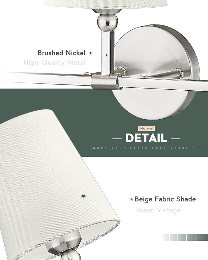 3-Light Bathroom Light Fixtures, Brushed Nickel Vanity Lights with Beige Fabric Shade, Modern Sconces Wall Lighting for Hallway Bedroom, Upward Lighting, VL837-BN-B-3