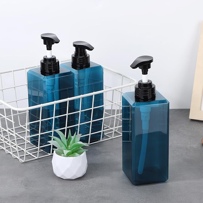 Suream Shampoo Dispenser for Shower, 22oz/650ml Shampoo and Conditioner Bottles with Labels, Lotion Bottle with Black Pump for Body Wash, Massage Oil, Moisturizer(Set of 3, Blue)