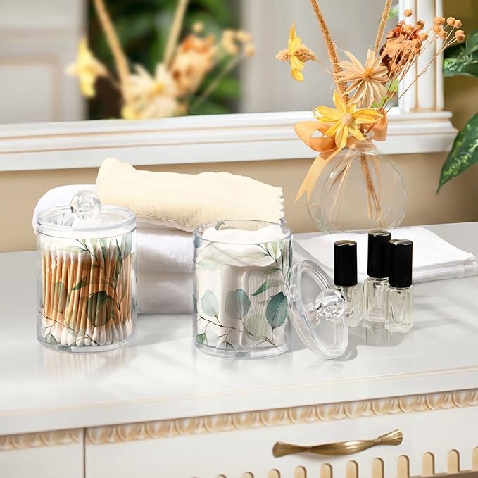 4 Pack Qtip Holder Dispenser Watercolor Green Eucalyptus Leaves Cotton Ball Cotton Swab Round Pads Floss Clear Bathroom Storage Containers Plastic Apothecary Jars with Lids