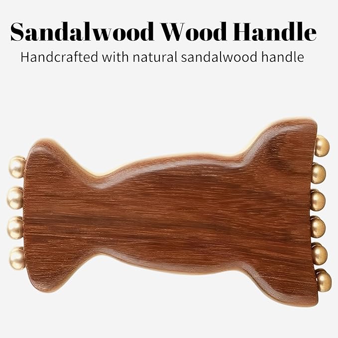 Sandalwood Facial Massage Roller with 20 Brass Beads, Natural Wood Handle Traditional Beauty Care Tool for Jawline, Neck and Face Sculpting, Double Head