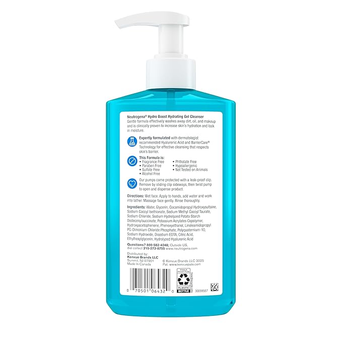 Neutrogena Hydro Boost Face Wash,Fragrance Free,Hydrating Facial Cleanser with Hyaluronic Acid,Daily Foaming Face Wash & Makeup Remover,Hypoallergenic Gel Cleanser,16 fl. oz,(Pack of 2)