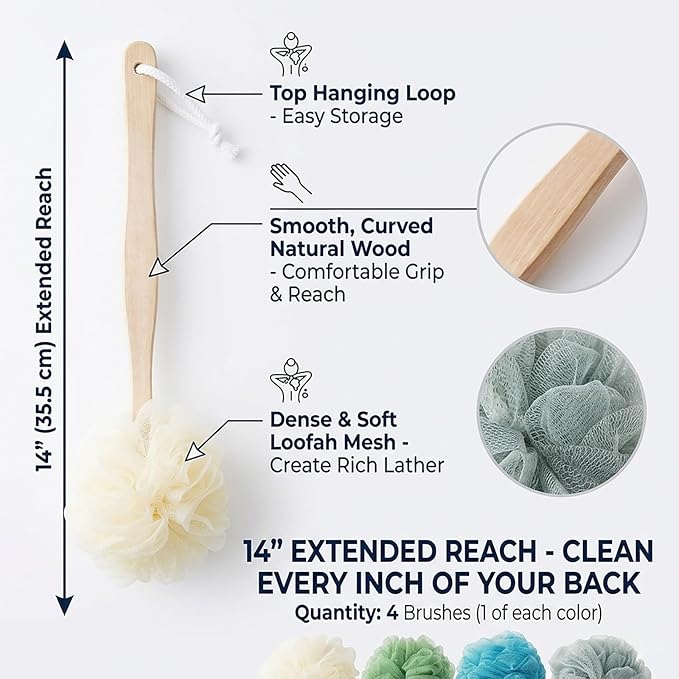 4 Pack Large Bath Puff Loofah Sponge with Long Handle Shower Loofah, Bath Body Back Brush, Spa Brush for Women and Men(4 Color)