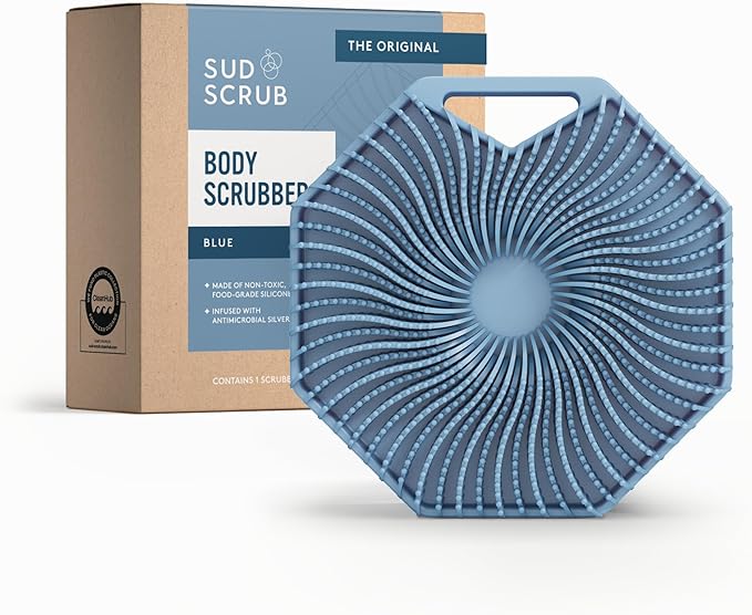 Sud Scrub® Antimicrobial Silicone Body Scrubber, Exfoliating Body Scrubber for Sensitive Skin, Eco Friendly Shower Scrubber for Body, Silicone Body Brush for Showering, Blue