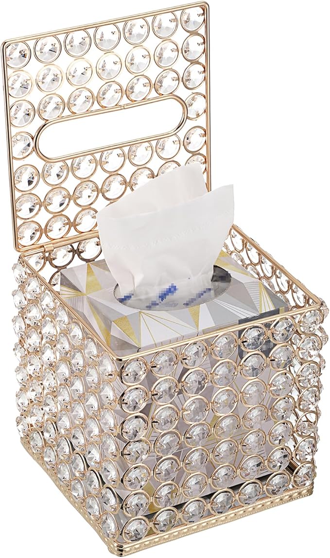 Sumnacon Crystal Square Tissue Box Cover - Sparkling Glass Cube Tissue Box Holder, Decorative Facial Tissue Holder for Bedroom Bathroom Vanity Dresser Night Stand Table Office Home Decor, Gold