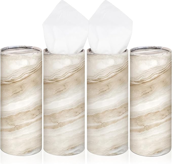 Geyoga 4 Pack Car Tissue Holder Marble Print Car Tissues Cylinder Round Paper Boxes with 50 Facial Paper Towel Per Box for Brown Refill Round Container for Home Office Travel Gift(Brown)