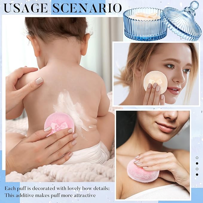 Tioncy 3 Pcs Large Body Powder Puff and Container Valentine's Day gift Powder Container with Puff Crystal Case Soft Washable Reusable Velour Face Body Glitter Wet Dry Makeup(Classic,Blue)