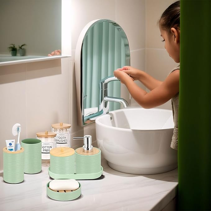 IMAVO Green Bathroom Set,26Pcs Bathroom Accessories Set with PVC Shower Curtain,Rugs,Trash Can,Tray,Soap Dispenser,Soap Dish,Toothbrush Holder,Toothbrush Cup,Toilet Brush Holder and Qtip Holders