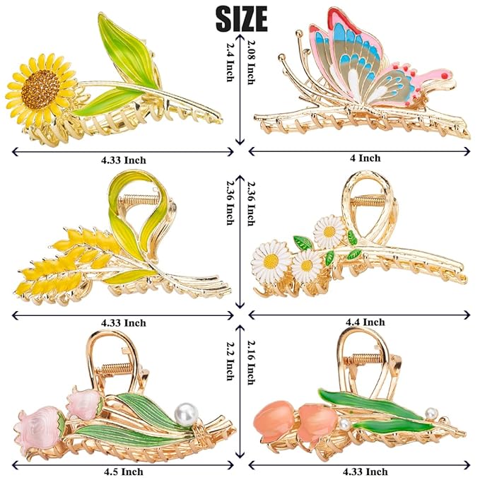 6 Pcs Flower Metal Claw Hair Accessories for Women & Girls - Large Tulip Nonslip Styles, Strong Hold Matte Claws for Long, Thick & Thin Hair