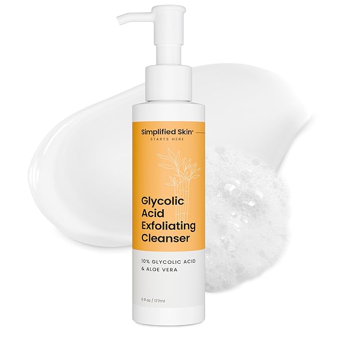 Simplified Skin Glycolic Acid Face Wash for Exfoliating & Anti-Aging - 10% AHA Cleanser to Remove Build Up & Even Tone on Face, Armpits & Body – With Aloe Vera & Sunflower Oil, 6 Fl Oz