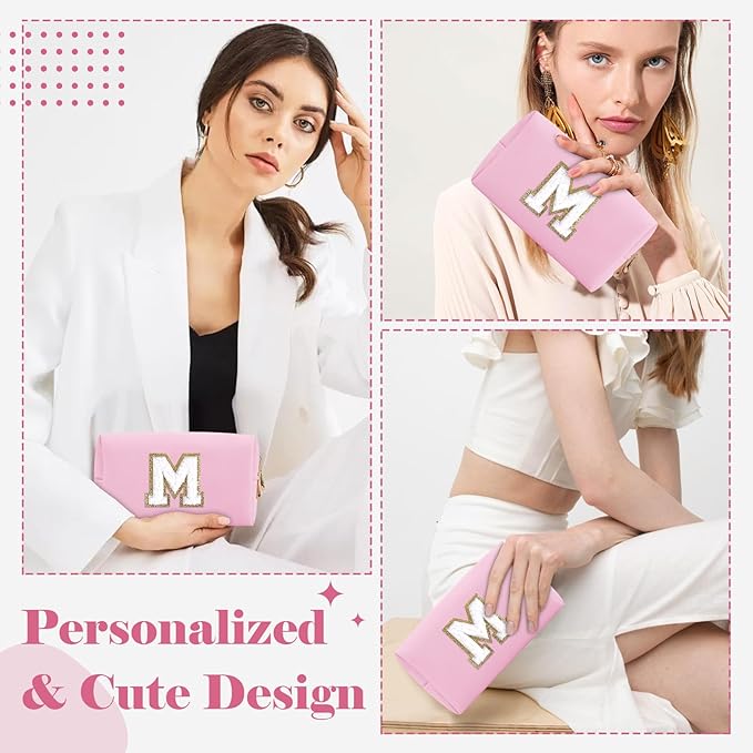 Personalized Initial A-Z Preppy Patch Makeup Bag,Small PU Chenille Letter Cosmetic Bag with Zipper for Teen Girls,Pink Cute Toiletry Organizer Bag,Monogram Makeup Case Gift for Women Girls,Letter M
