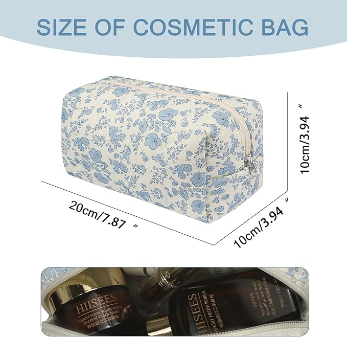 Floral Makeup Bag, Cute Cosmetic Bag for Women Girls, Quilted Cotton Make up Pouch, Travel Makeup Bags, Portable Storage Toiletry Organizer Bag(Navy Blue)