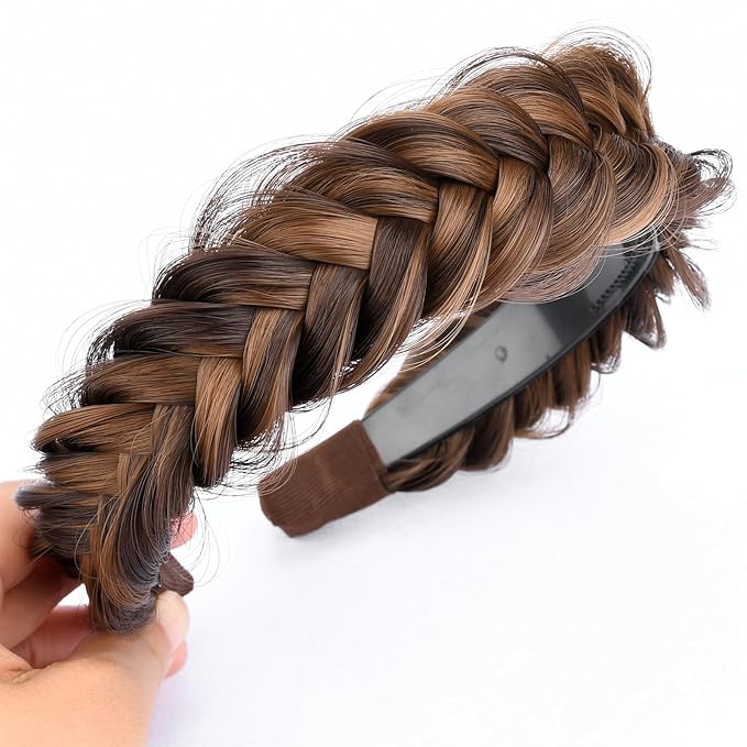 DIGUAN Wide Messy Braided Headband With Teeth Synthetic Hair Plaited Headband High Elasticity Braids Chunky Fishtail Braided Hair Band Hairpiece for Girls Women (Chocolate Toast)