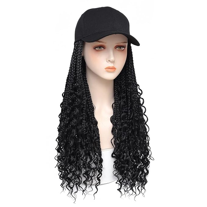 GUOJIAN Goddess Box Braiding Baseball Cap Wig, Black Bohemian Curly Ends Box Braids Hat with Braided Hair Extensions for Black White Women, Synthetic Braids Hat Wig with Hair Attached