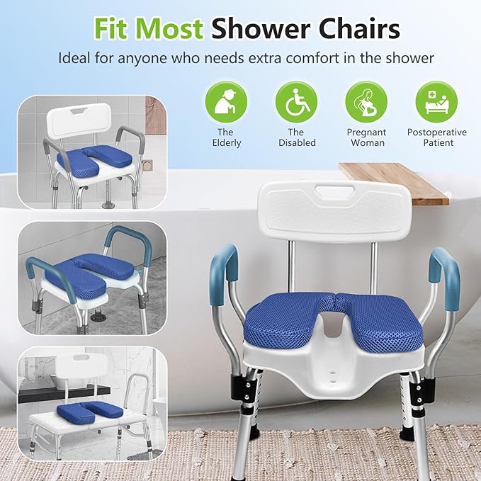 Shower Seat Cushion for Shower Bench, 2 Inch Thick U Shape Shower Chair Bathtub Cushion for Elderly Handicap, 4D air Fiber Chair Pad with Handle, Quick Drying Seat Mat for Shower Seats, Transfer Bench